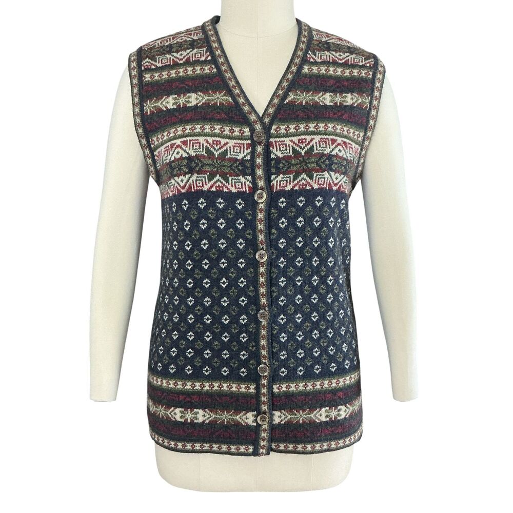 Jessica Fair Isle Sweater Vest Wool Blend Button Up Fits Wmn S, M, L. Canada 90s